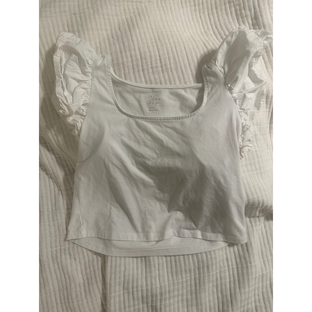 A New Day Womens White Ruffle Flutter Sleeve Square Neck Crop Top Medium